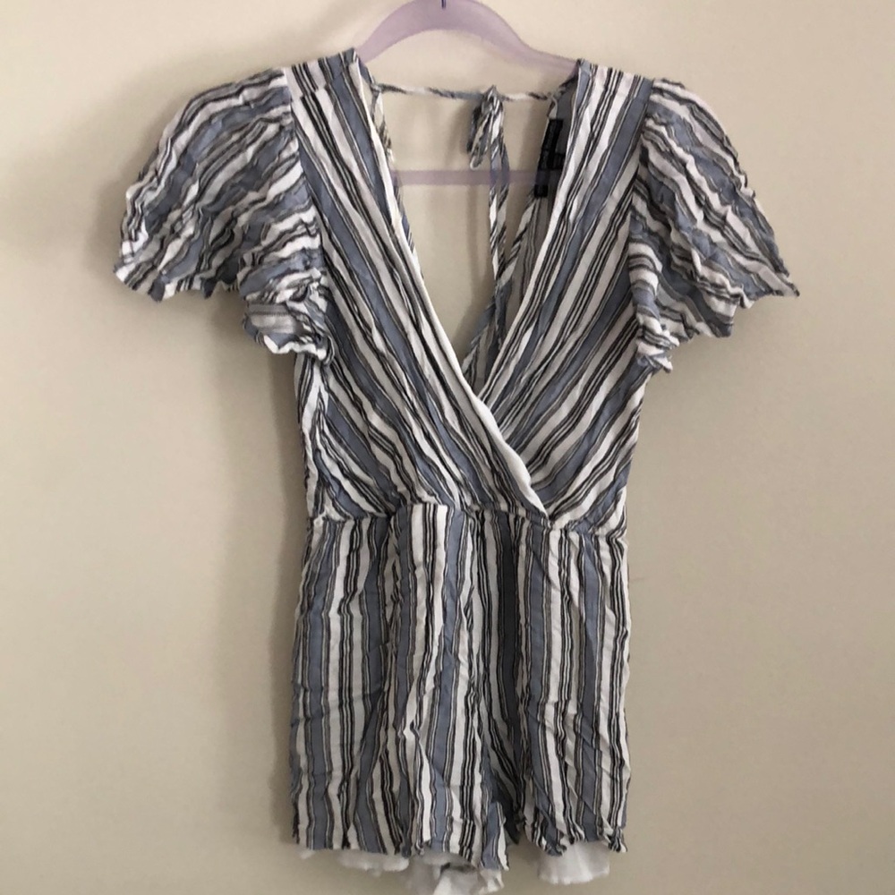 Three Hearts Striped Romper - Black, White, Blue